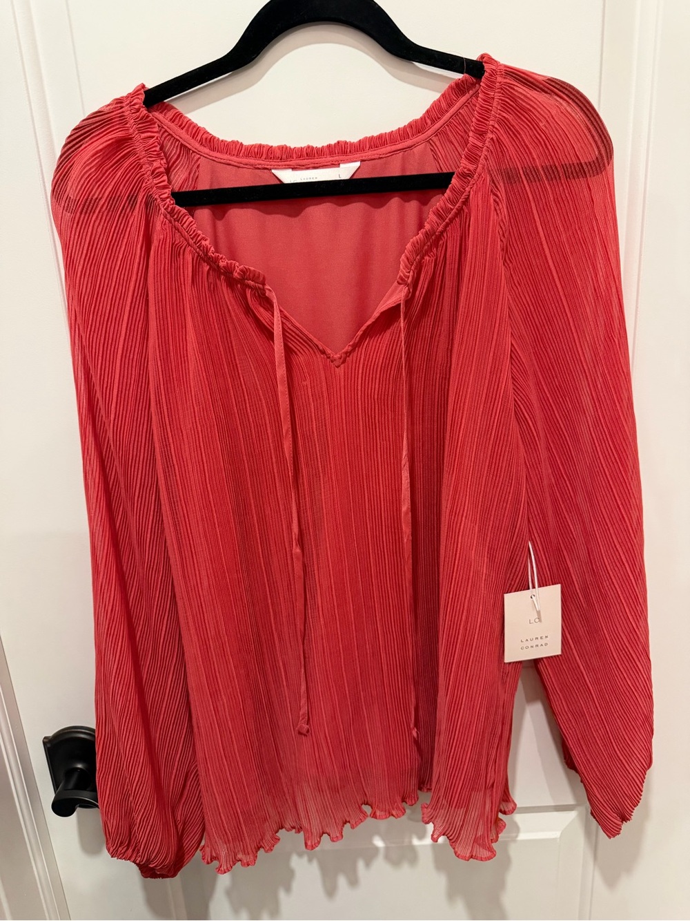 NWT Pleated Red Women's Peasant Blouse - Lightweight Long Sleeve Top - Picture 2 of 2